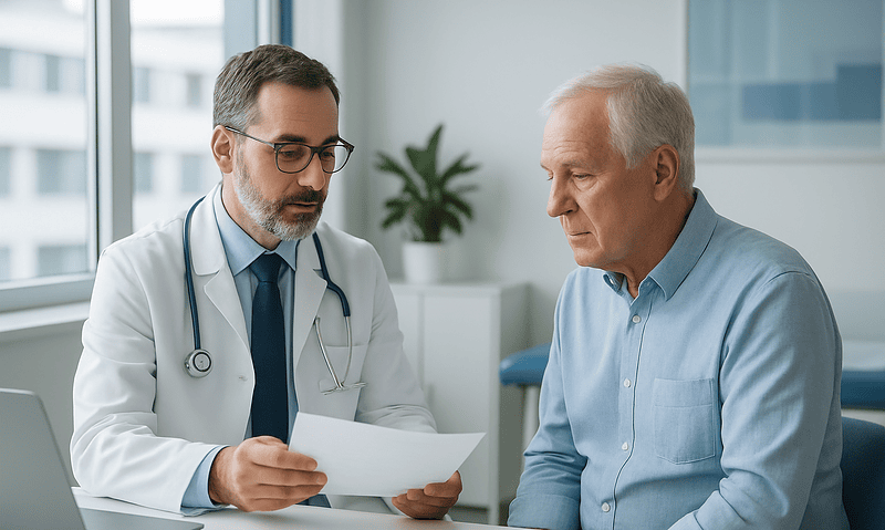 Doctor consulting with an elderly patient in a modern clinic setting.