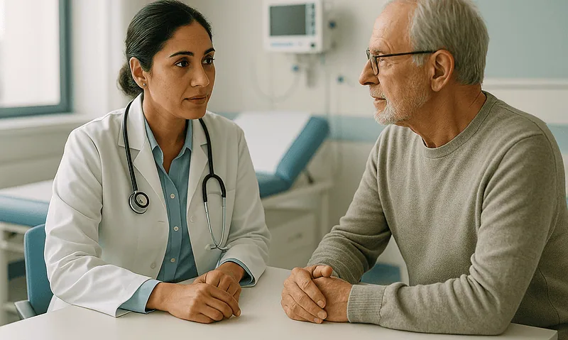 Doctor consulting with elderly patient in hospital setting.