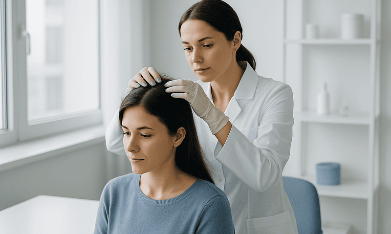 Doctor examining patient's scalp in a clinical setting.