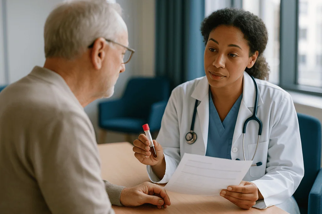 Doctor consulting with older male patient, holding blood sample — Blood tests for pneumonia: what each result tells the care 