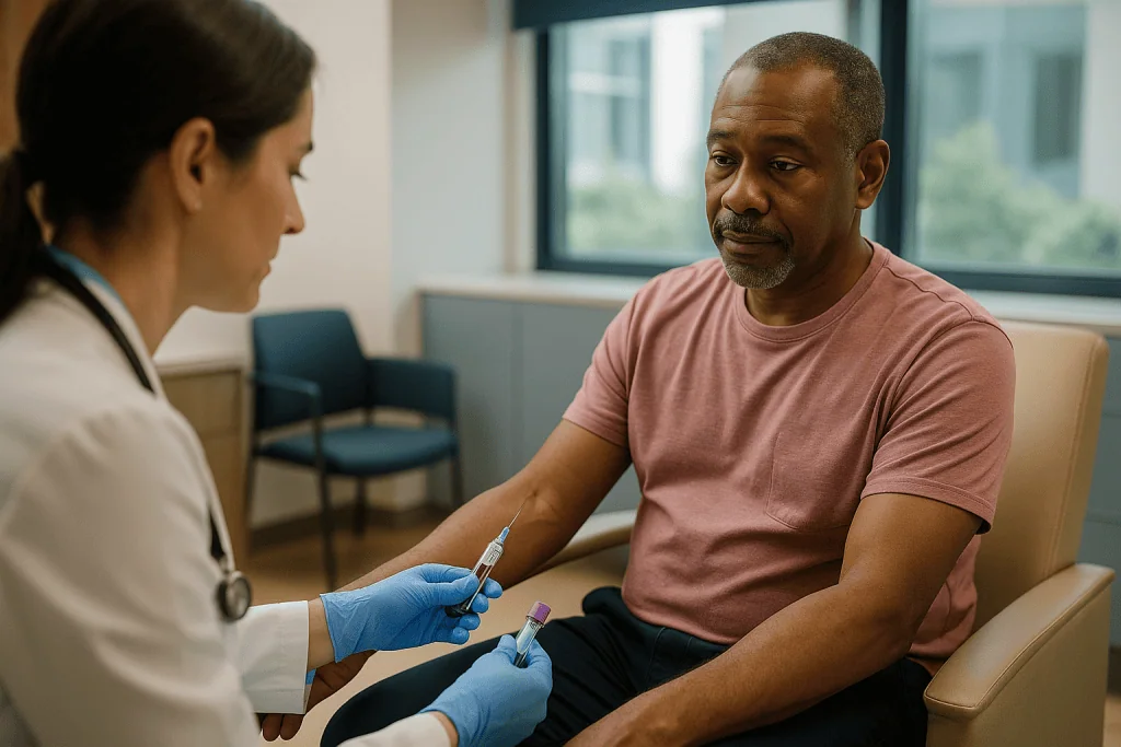 Healthcare provider discussing blood test results with male patient: Blood tests in a kidney transplant evaluation: what the