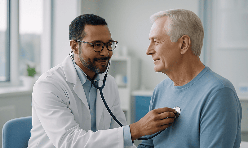 Doctor examining an elderly male patient with a stethoscope in a hospital.