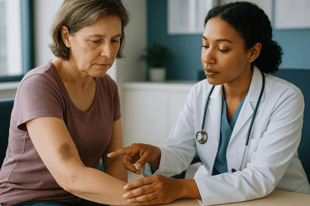 Doctor examining patient arm in clinical consultation: Blood thinners and bleeding disorders: the bruising question