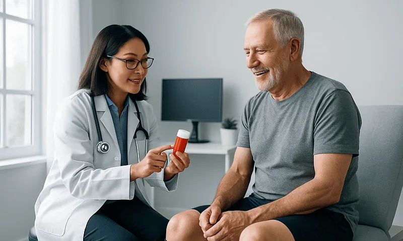 Doctor explaining medication to an elderly patient after hip replacement.