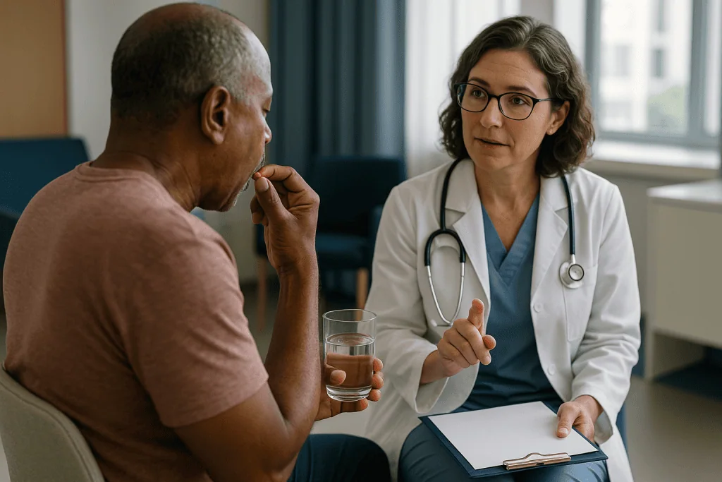 Doctor consulting with adult patient in office setting: Blood thinners and dental treatment: what the evidence actually show