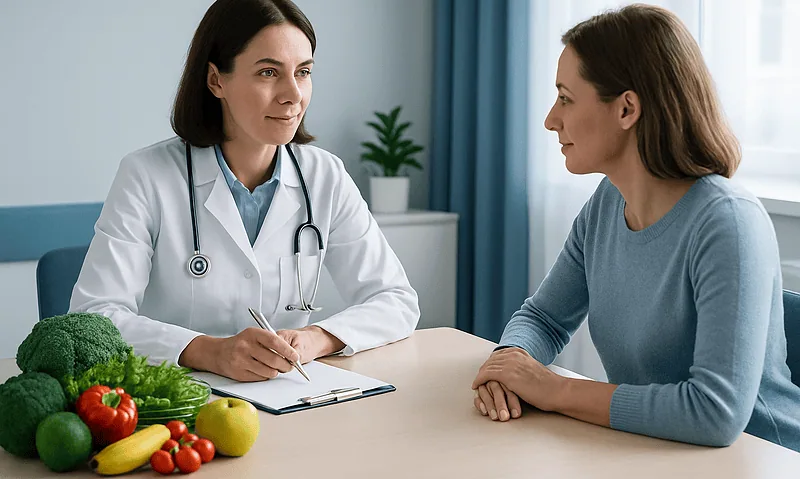 Doctor consulting with patient about health and supplements before surgery.