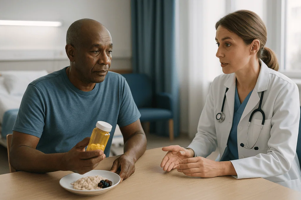 Doctor consulting patient about medication and diet: Blood thinners before glaucoma surgery: what your team is weighing