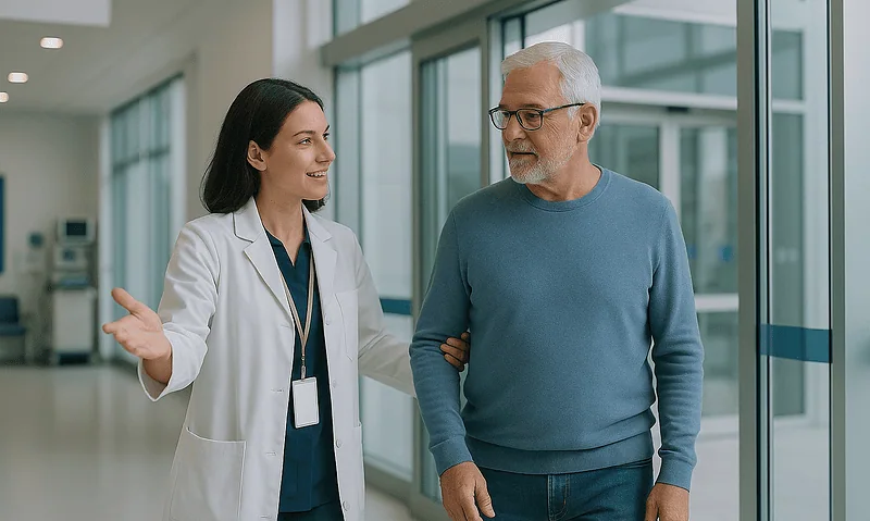 Doctor and patient having a discussion in a hospital corridor.