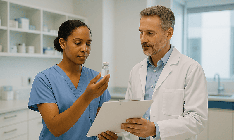 Medical professionals discussing medication in a hospital setting.