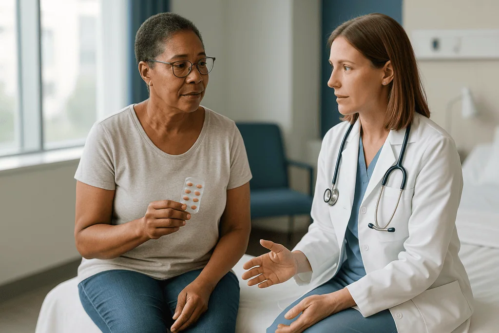 Doctor consulting patient holding medication blister pack: Blood thinners for DVT: the main classes and how each works