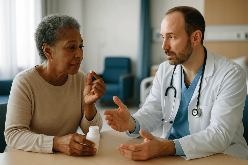 Doctor consulting patient about medication in clinic — Blood thinners for pulmonary embolism: how anticoagulants really work