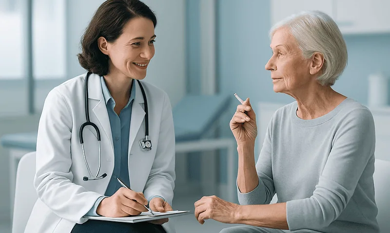Blood Thinners, Smoking and Rhytidectomy: What Surgeons Ask You to Stop Before a Facelift 4 Doctor consulting with elderly patient in a medical office.