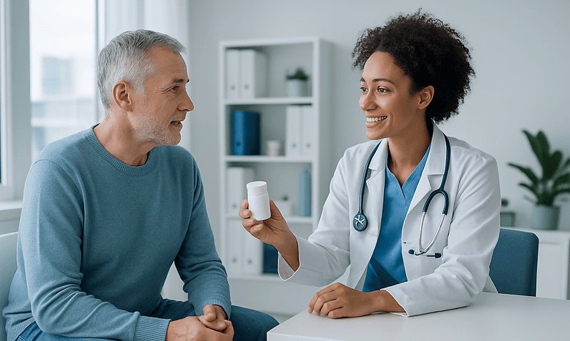 Doctor explaining medication to an elderly patient in a clinic setting.
