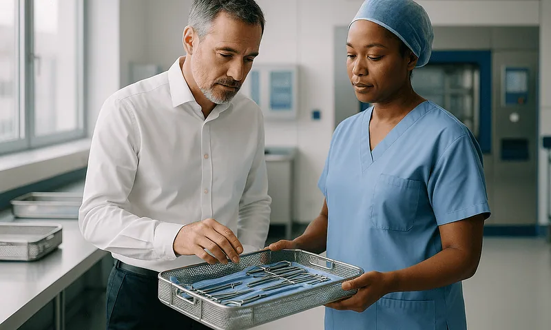Doctor and nurse reviewing surgical instruments in hospital setting.