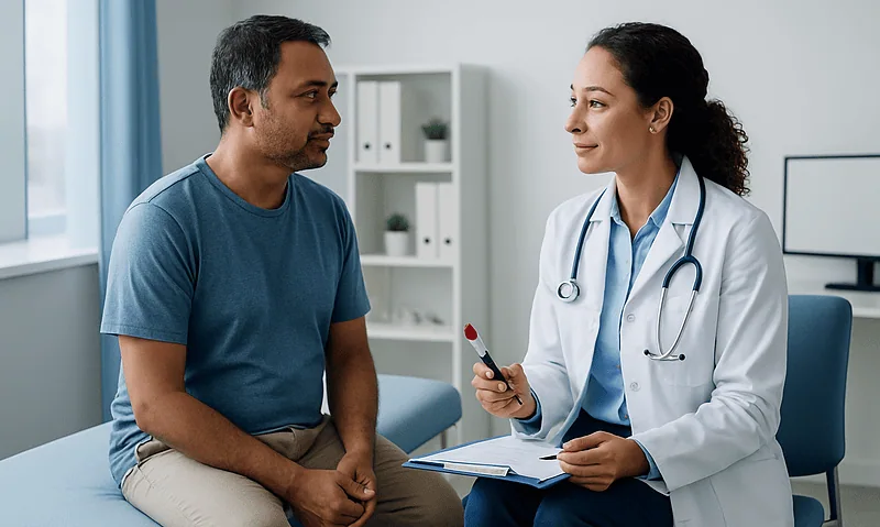Doctor consulting with patient in a medical office setting.