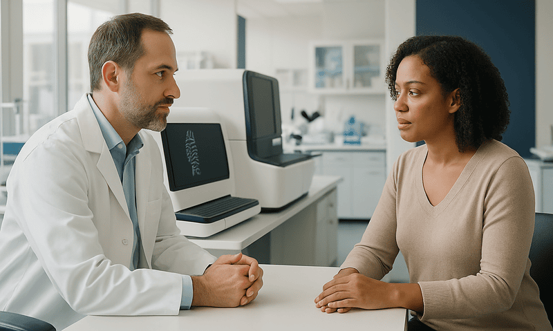 Doctor consulting with a patient in a modern medical office setting.