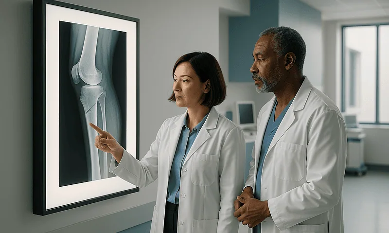 Doctors examining an X-ray of a knee in a hospital setting.