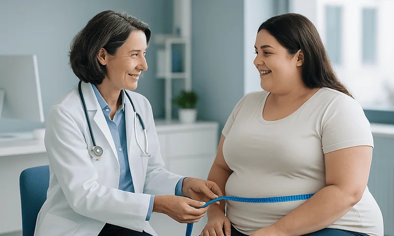 Doctor measuring patient's waist for body contouring assessment.