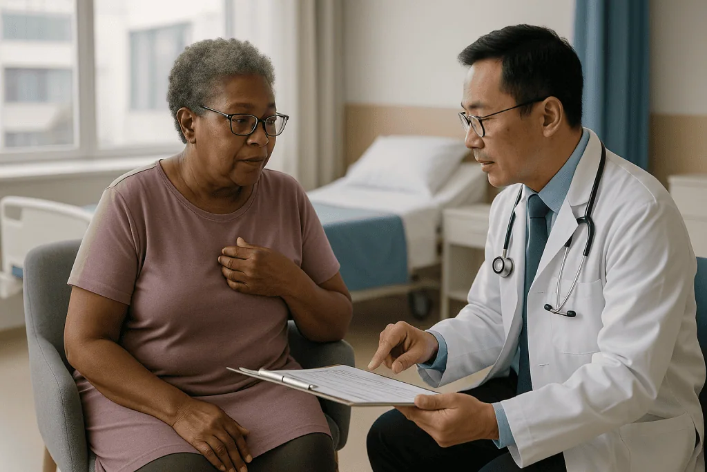 Doctor consulting senior patient about cardiac condition: BNP vs. NT-proBNP: two names, one signal
