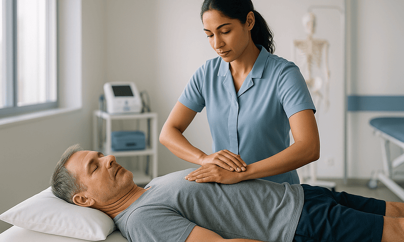 Physiotherapist performs Bobath Neurodevelopmental Treatment on patient in clinic.