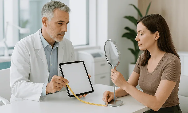 Doctor measuring woman's arm with a tape measure in a clinic setting.
