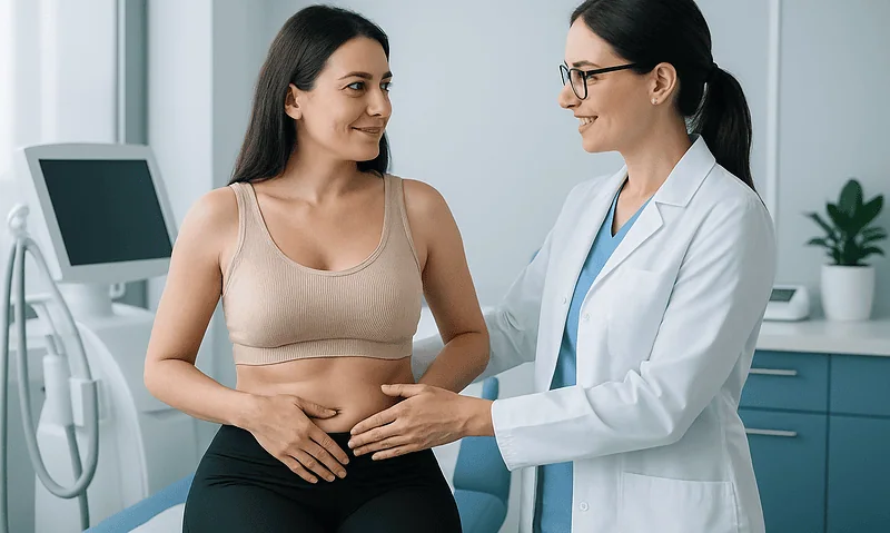 Doctor consulting with a patient about body contouring options at Acibadem Hospital.