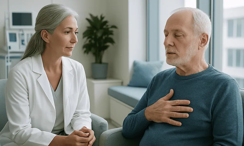 Doctor consulting with an elderly male patient in a medical office.