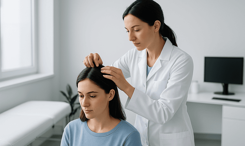 Doctor examining woman's scalp in a clinical setting.