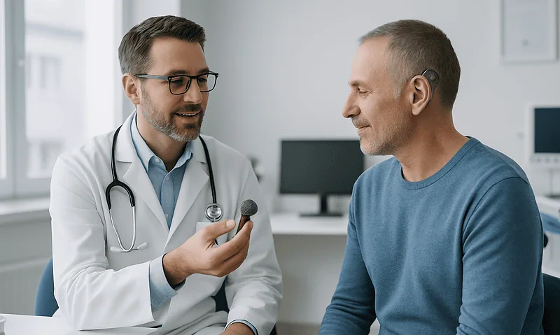 Doctor explaining bone conduction hearing aid to patient in clinic.