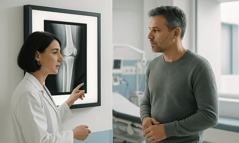 Doctor explaining X-ray of a broken bone to a patient in a hospital.