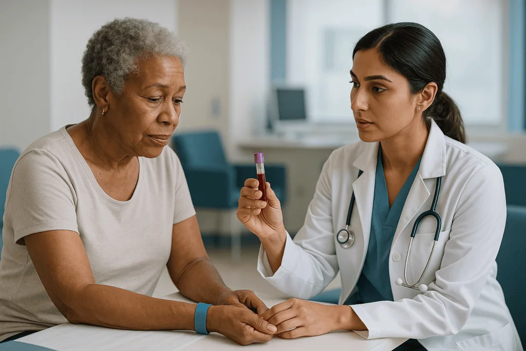 Doctor showing blood test sample to senior patient: Bone marrow failure blood tests: what shows a marrow problem