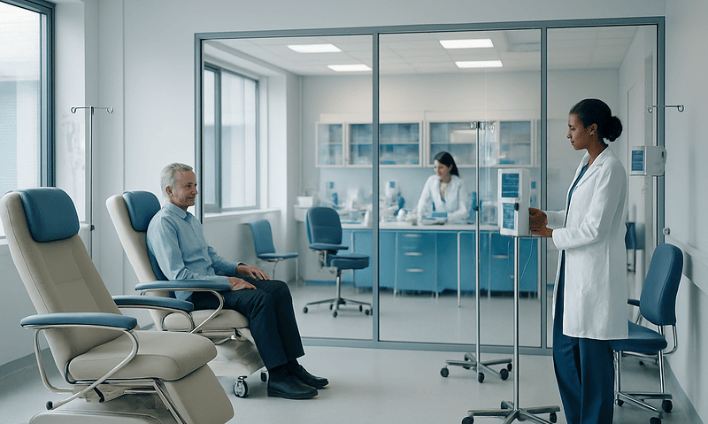 Doctor consulting with a patient in a modern hospital room.