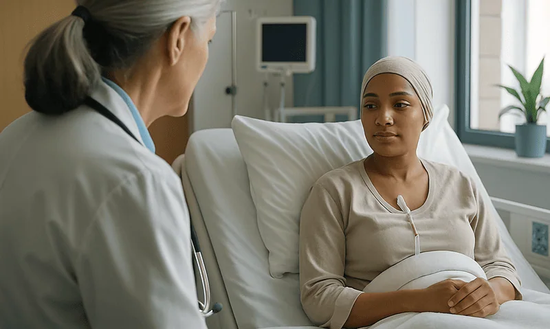 Patient in hospital bed talking to doctor in a medical setting.
