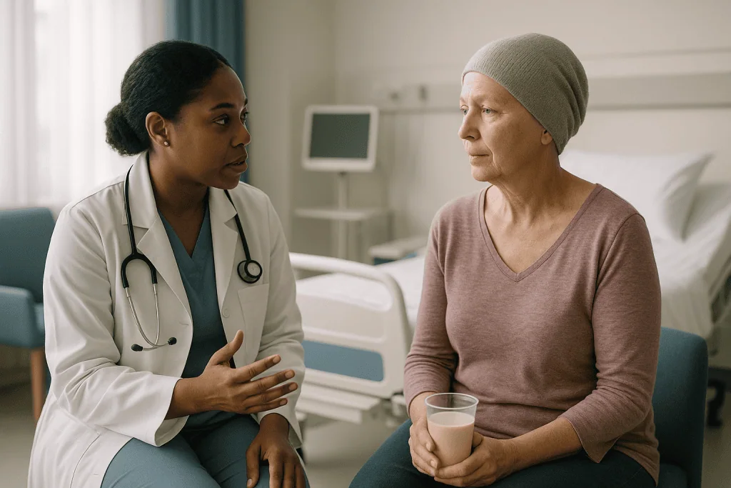 Doctor consulting with older female patient in hospital room: Bone marrow transplant disqualifications: who is usually asked