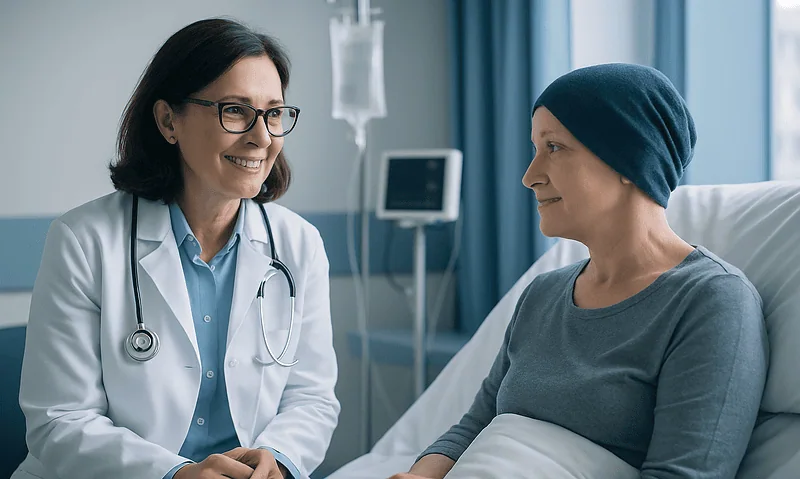 Doctor consulting with patient in hospital room during treatment.