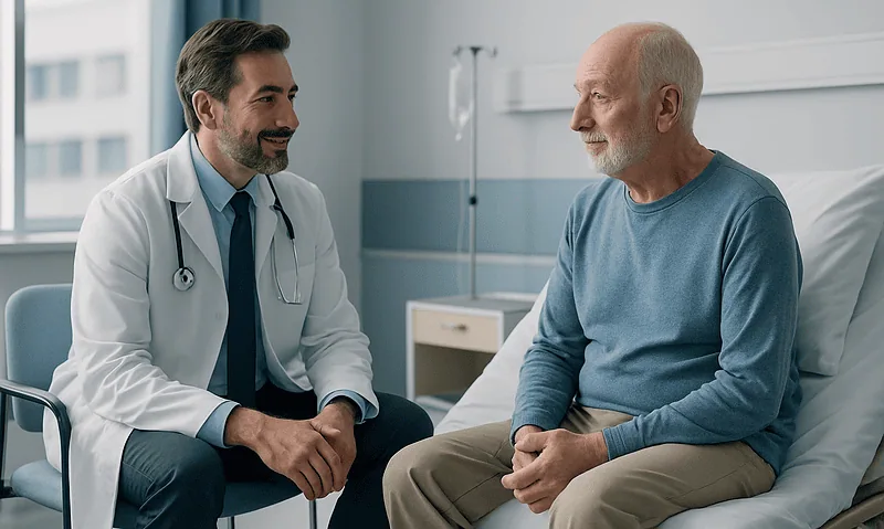 Doctor consulting with an older male patient in hospital room.