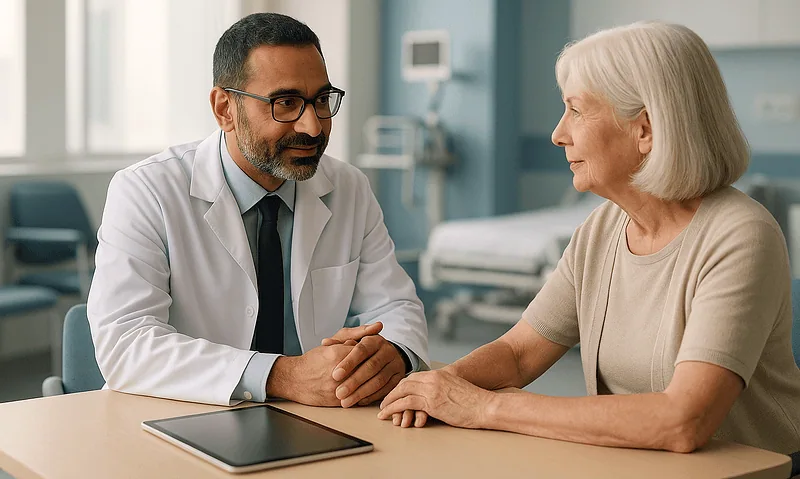 Doctor consulting elderly patient in hospital room for bone marrow transplant treatment.