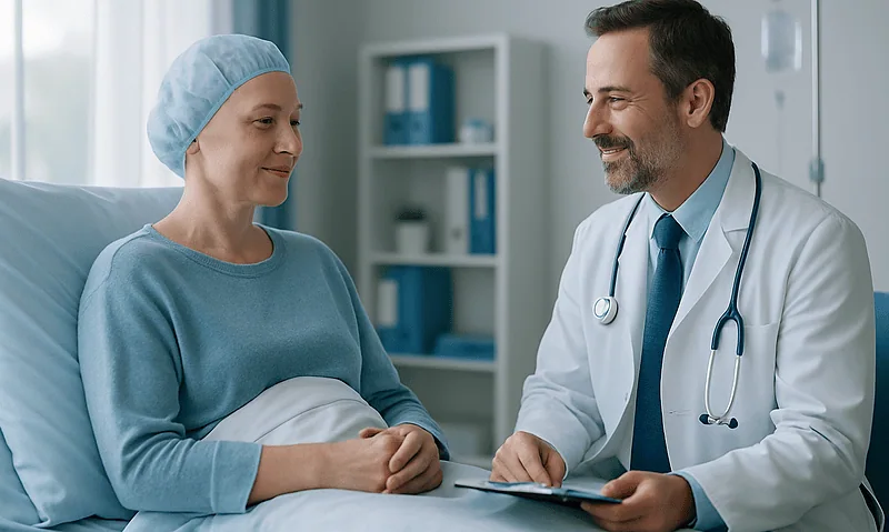 Doctor consulting with a patient in hospital room.