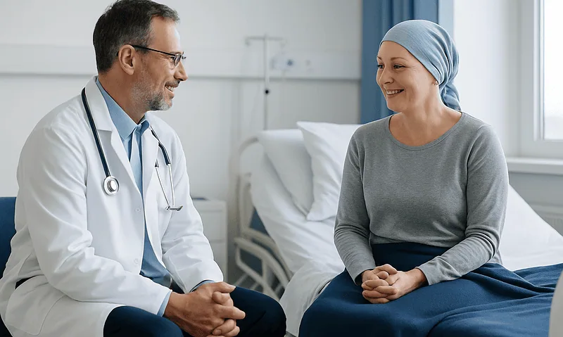 Doctor talking to a patient in a hospital room.