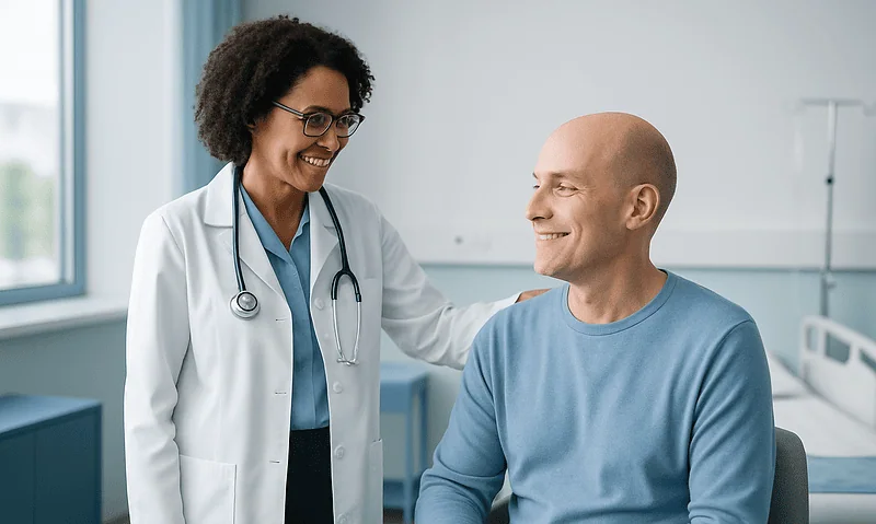 Bone Marrow Transplant Recovery Milestones: Discharge, Day 100 and the First Year 4 Doctor smiling with patient in hospital room, healthcare setting.