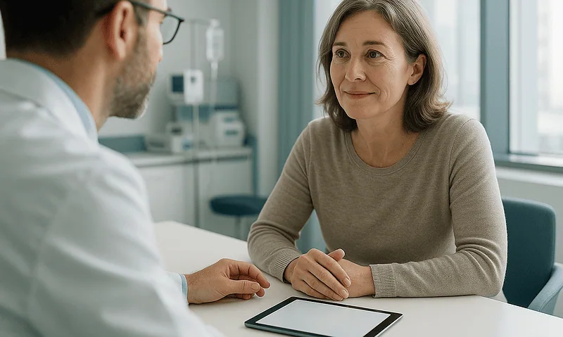 Doctor consulting with a female patient in a hospital room.