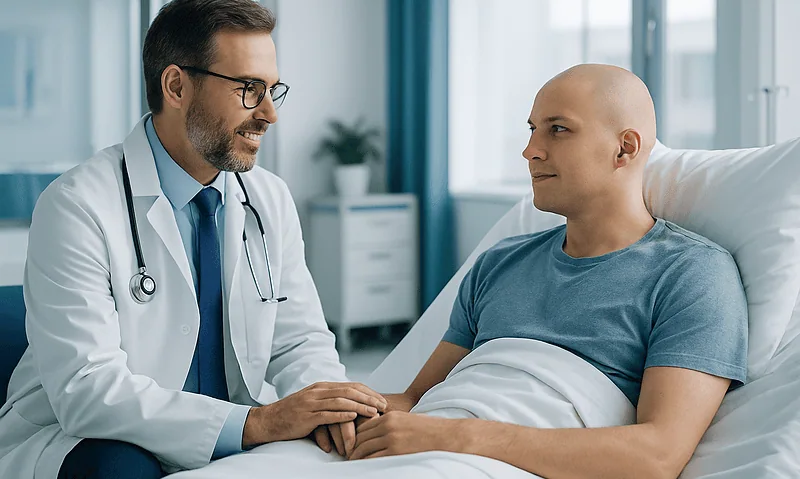Doctor consulting with a patient in a hospital room.