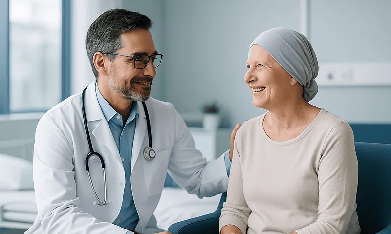 Compassionate doctor talking to a smiling female patient in a hospital setting.