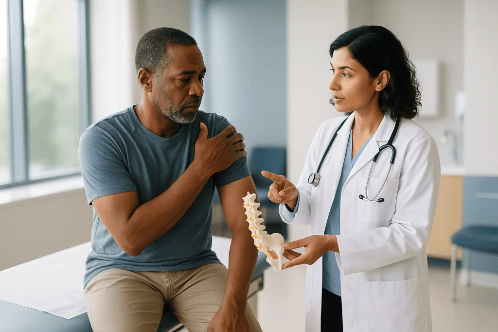 Doctor examining patient shoulder with anatomical spine model — Bone shape, swollen bursa, or worn tendon: which cause is you