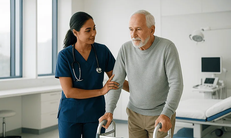 Nurse assisting elderly patient with walker in hospital room.