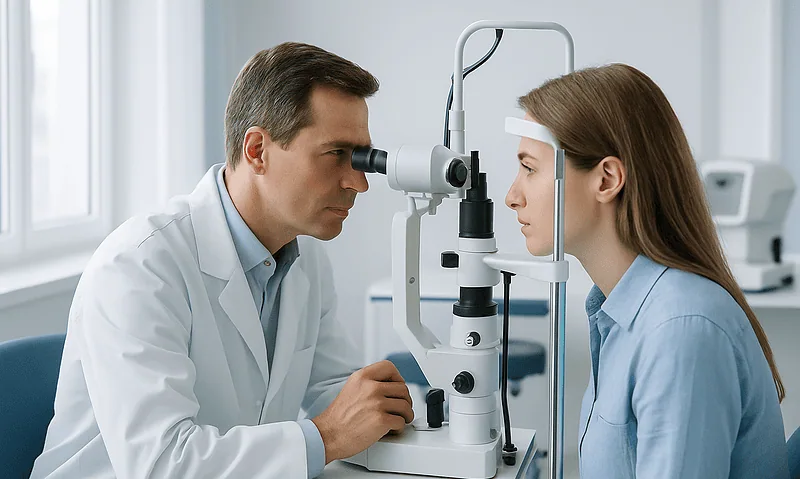Optometrist examining a young woman's eyes with a slit lamp in a clinic.