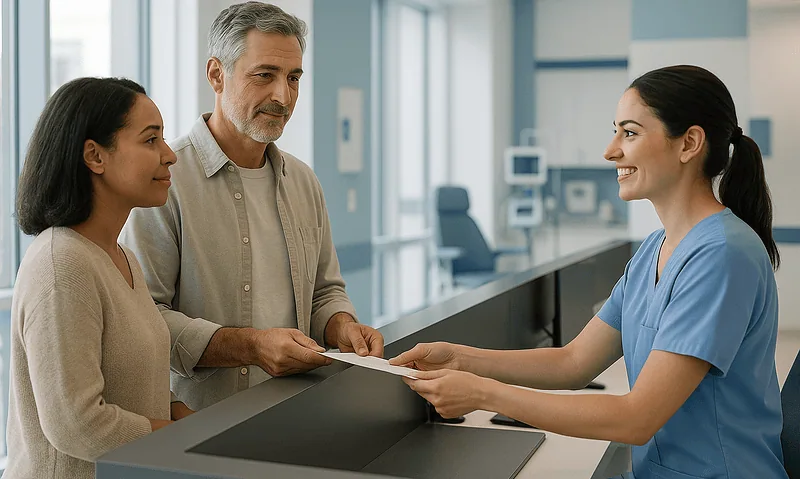 Patient receiving assistance at Acibadem Hospital reception desk.
