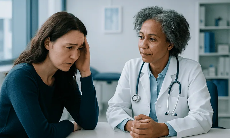 Doctor consulting with a distressed woman in a medical office.