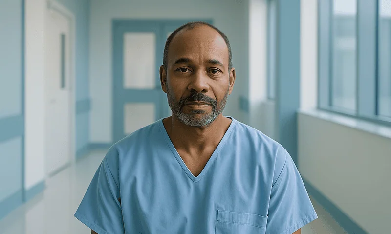 Male doctor in hospital corridor wearing blue scrubs.
