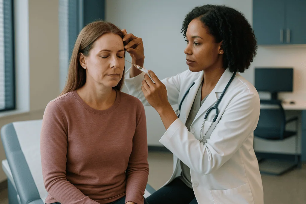 Doctor examining patient's eye or forehead area: Botox for chronic migraine: what the evidence shows